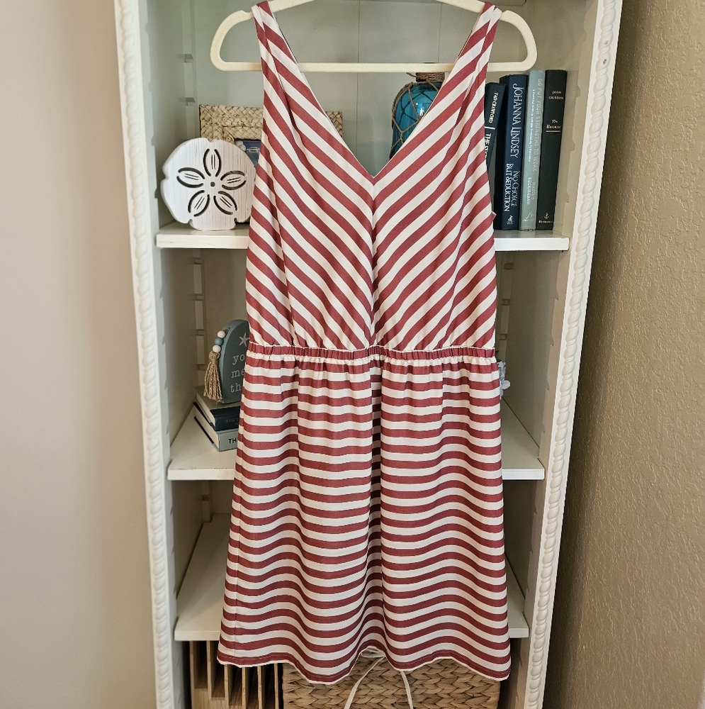 LOFT Coral and White Sleeveless V-Neck Sundress